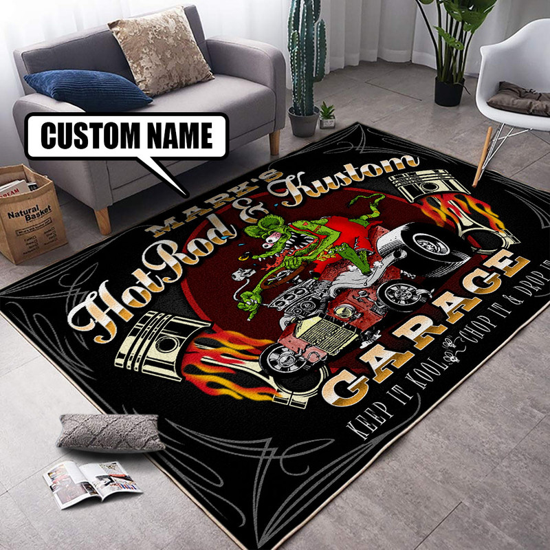 Personalized Name And Year Rat Fink Hot Rod Garage Rug - Dingmun in 2023