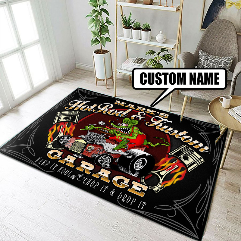 Personalized Name And Year Rat Fink Hot Rod Garage Rug - Dingmun in 2023