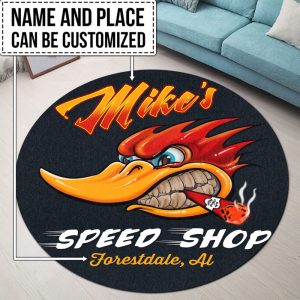 Personalized Hot Rod Woodpecker Area Rugs For The Garage - Bluefink