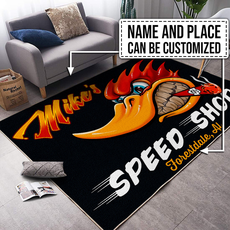 Personalized Hot Rod Woodpecker Area Rugs For The Garage - Bluefink