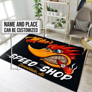 Personalized Hot Rod Woodpecker Area Rugs For The Garage - Bluefink