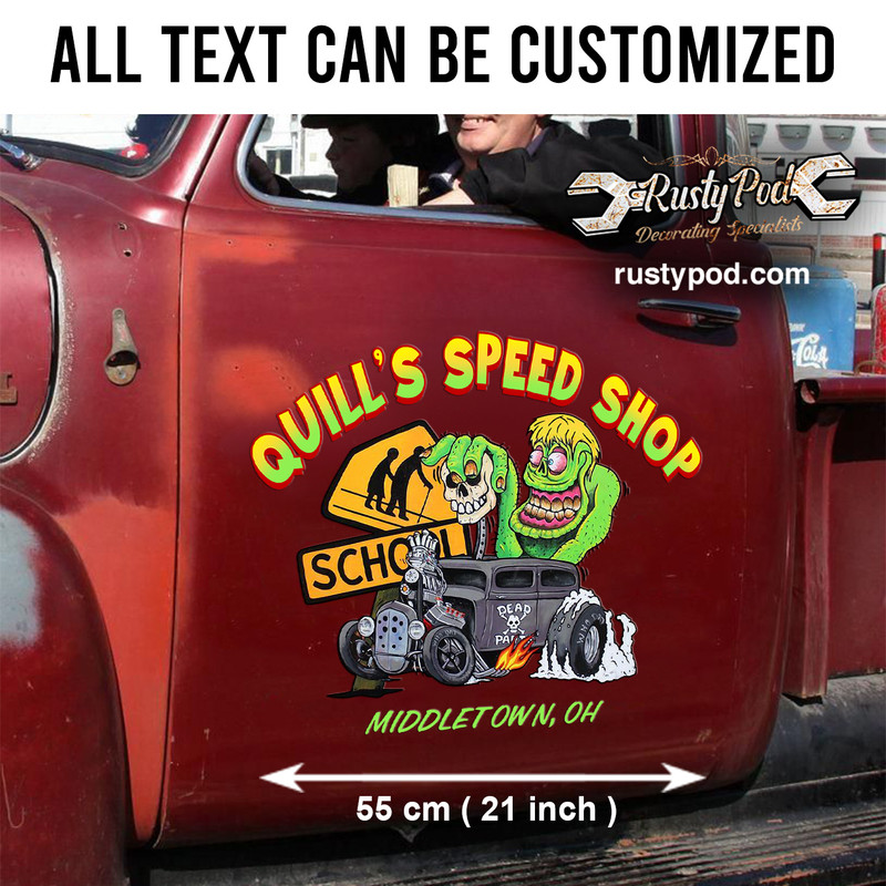 2 pcs personalized old school hot rod garage, lowbrow art