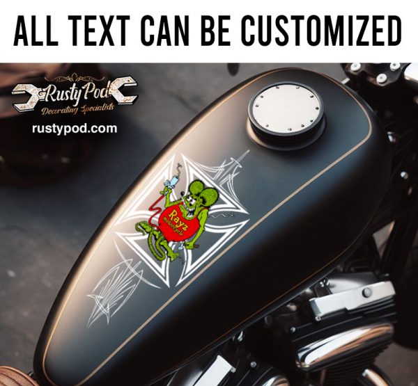 personalized rat fink and iron cross motorcycle gas tank top decal ...