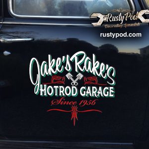 personalized hot rod garage | pinstripe | lettering | door art