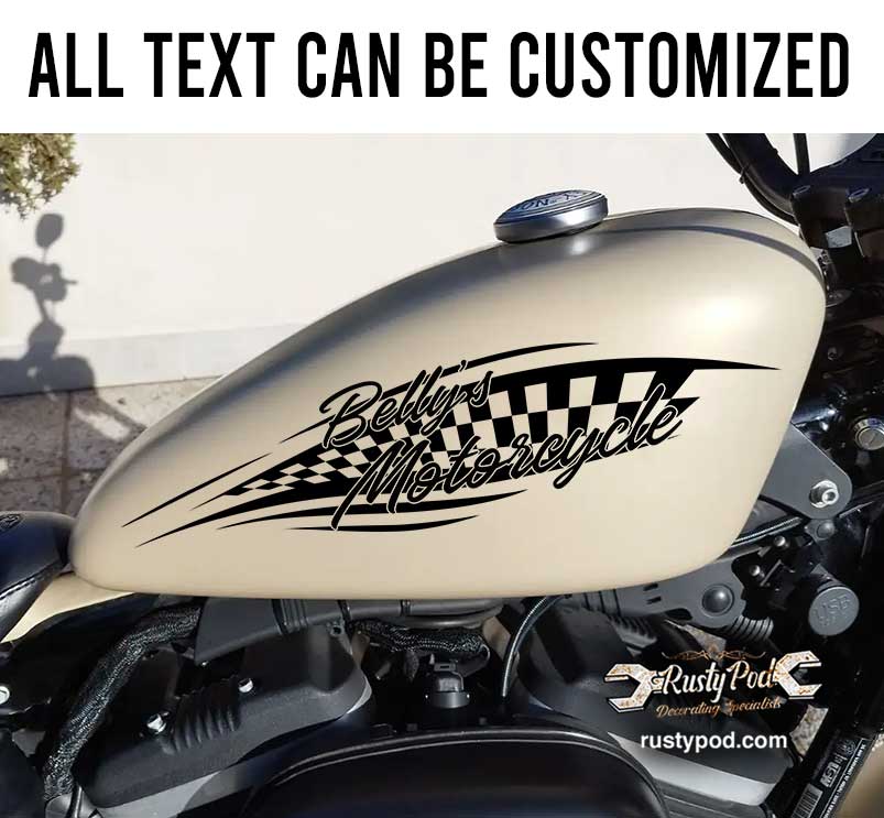 personalized motorcycle gas tank decal checkered flag lettering
