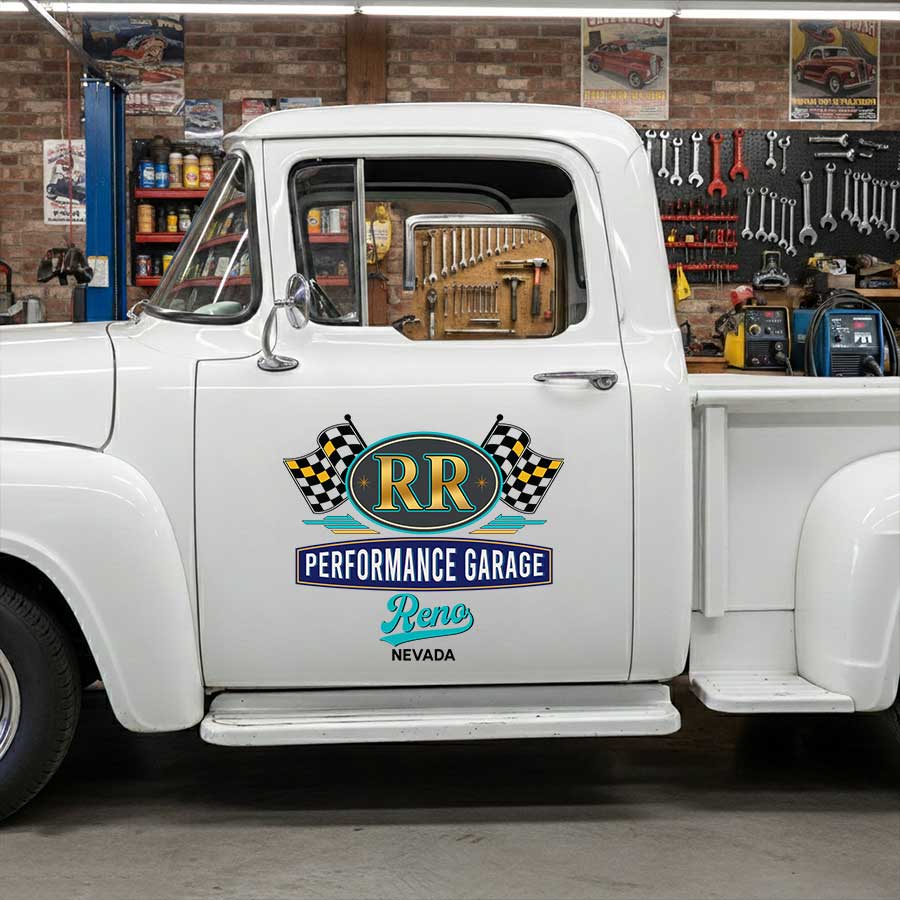 Personalized Checkered Flag and Circular Logo Decal for Truck Door with Vintage Automotive Design sticker 14367