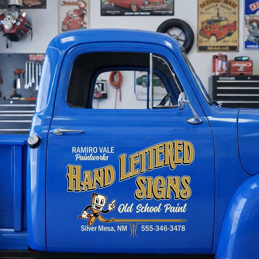 Personalized Cartoon Paintbrush and Hand Lettering Decal for Truck Door with Vintage Automotive Design sticker 14432