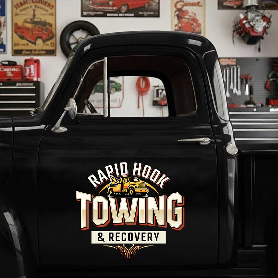 Personalized Tow Truck and Flames Decal for Truck Door with Vintage Automotive Design sticker 14435