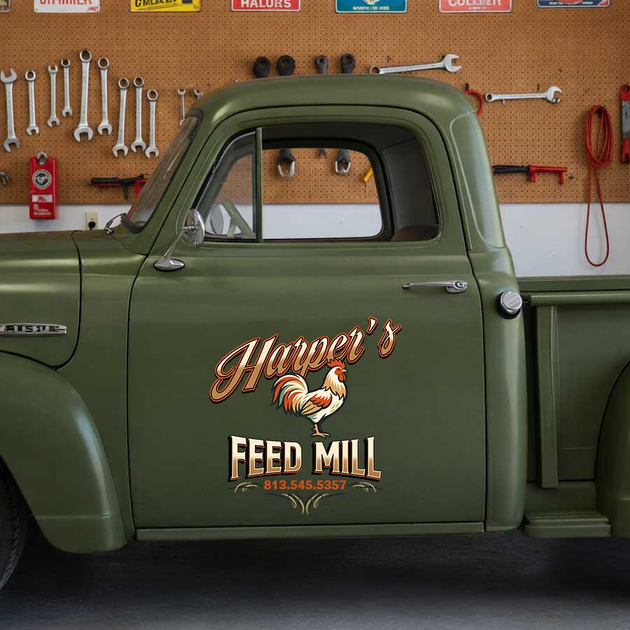 Personalized Rooster and Vintage Lettering Decal for Truck Door with Vintage Agricultural Design sticker 14437