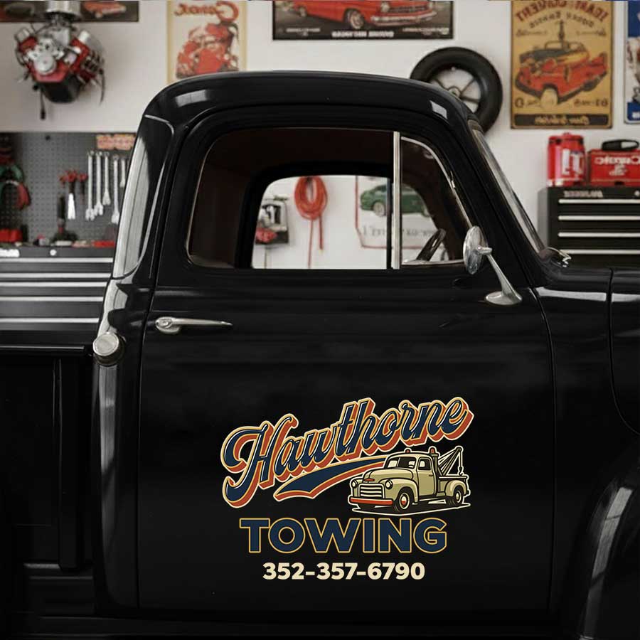 Personalized Tow Truck and Vintage Lettering Decal for Truck Door with Vintage Automotive Design sticker 14439